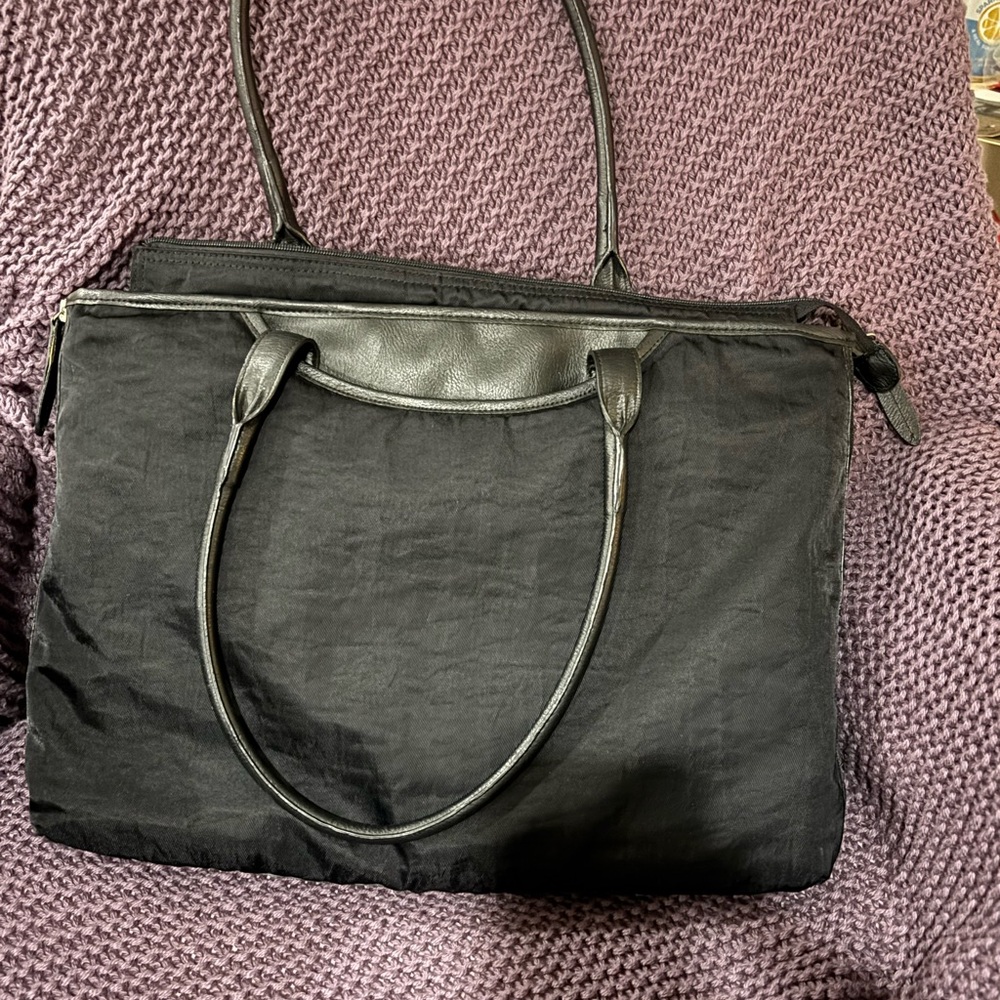 Vintage Eddie Bauer Black Nylon Expandable Tote Bag with Leather Trim